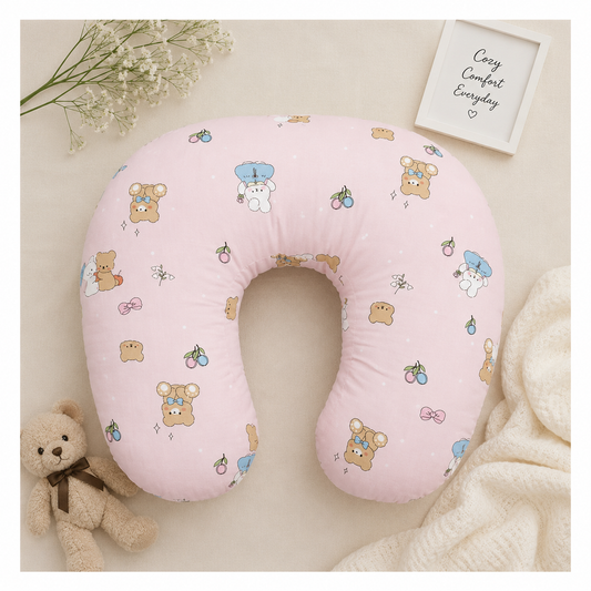 Smile Baby Pink Teddy & Bunny Print Premium Cotton Feeding & Nursing Pillow | Multipurpose Breastfeeding Support Pillow with Removable Washable Cover for Newborn Baby