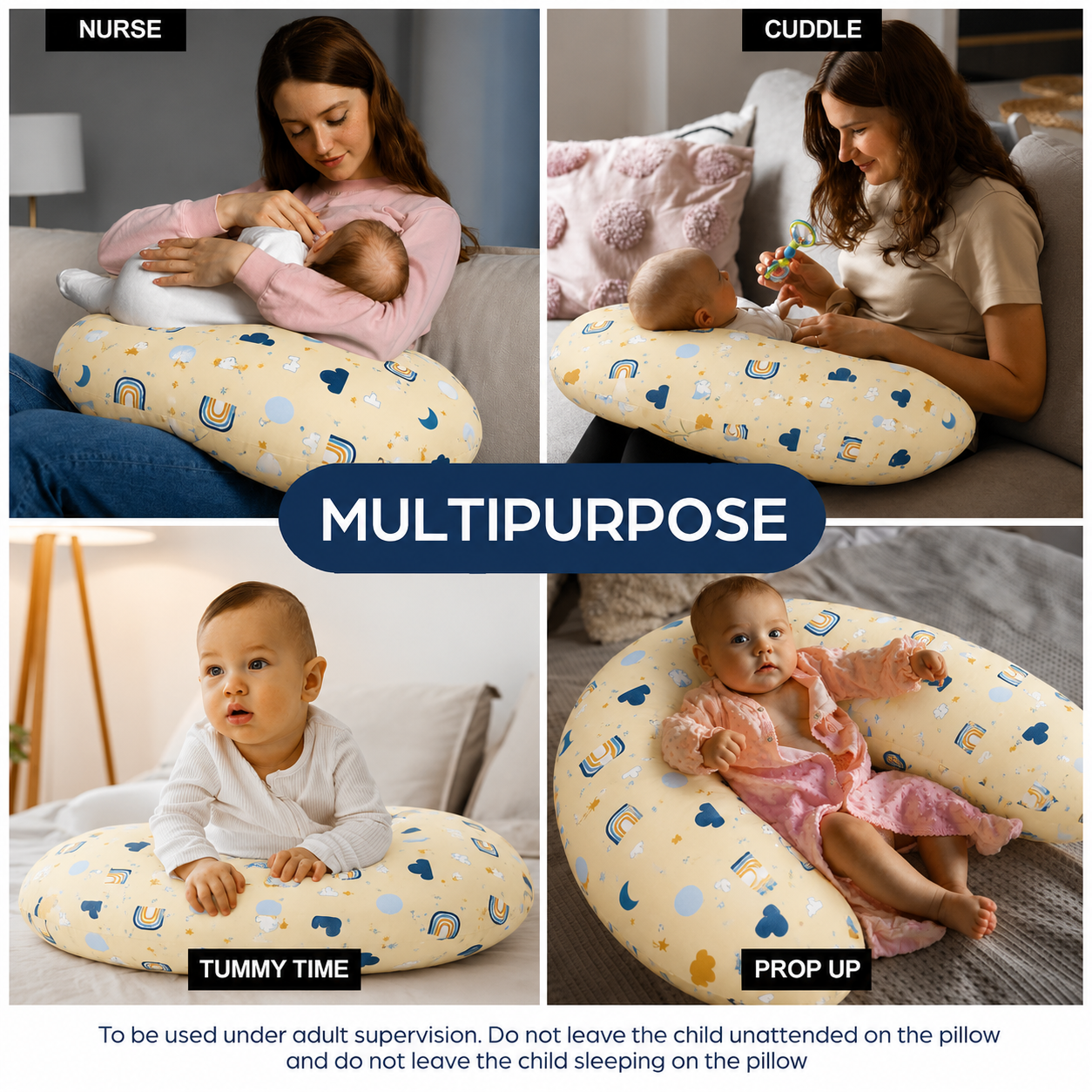 Smile Baby Premium U-Shaped Feeding Pillow for Newborn Baby | Soft Nursing Support Pillow | Rainbow, Moon & Cloud Print | Cream Yellow
