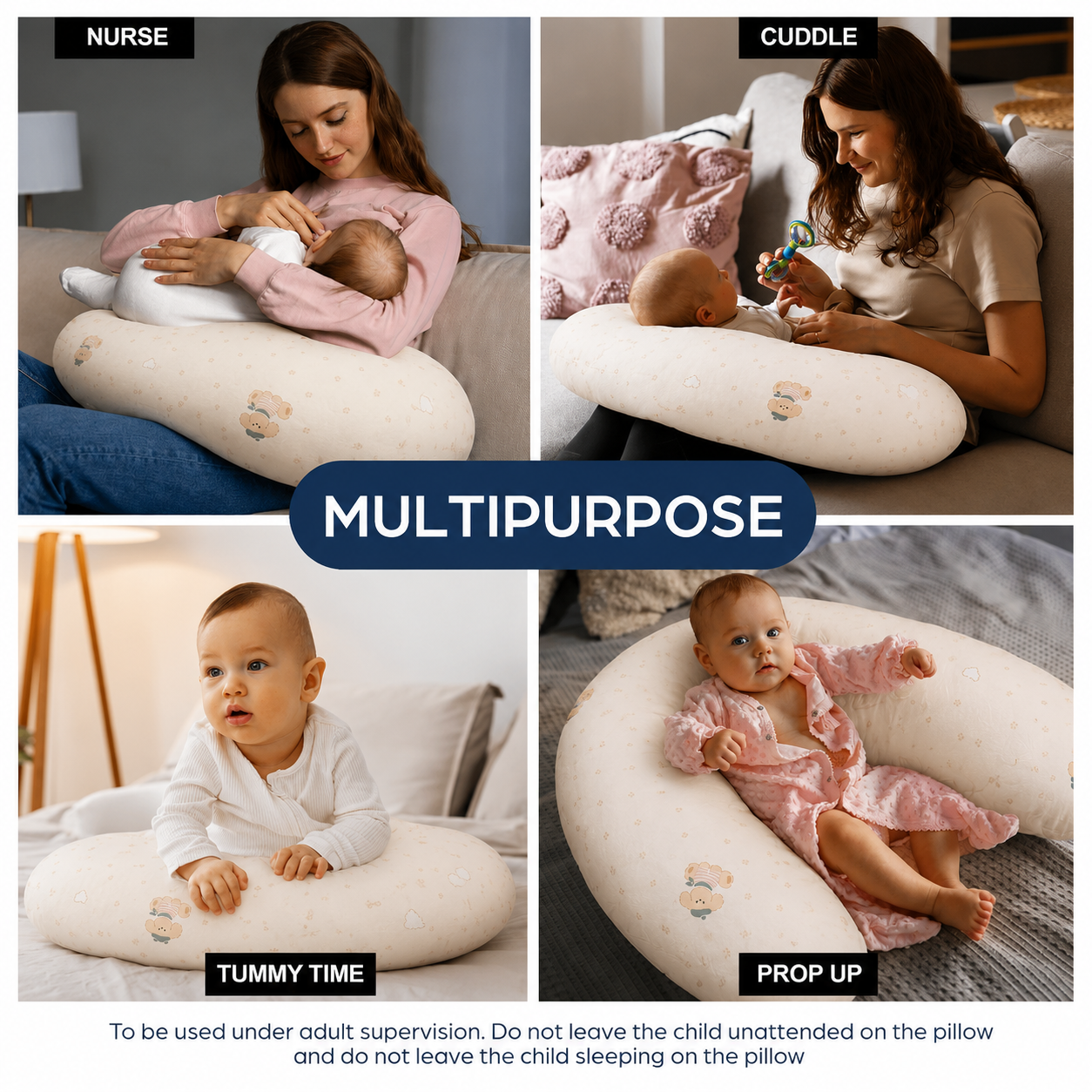 Smile Baby Teddy Bear Print Premium Cotton Feeding & Nursing Pillow | Multipurpose Breastfeeding Support Pillow with Removable Washable Cover for Newborn Baby