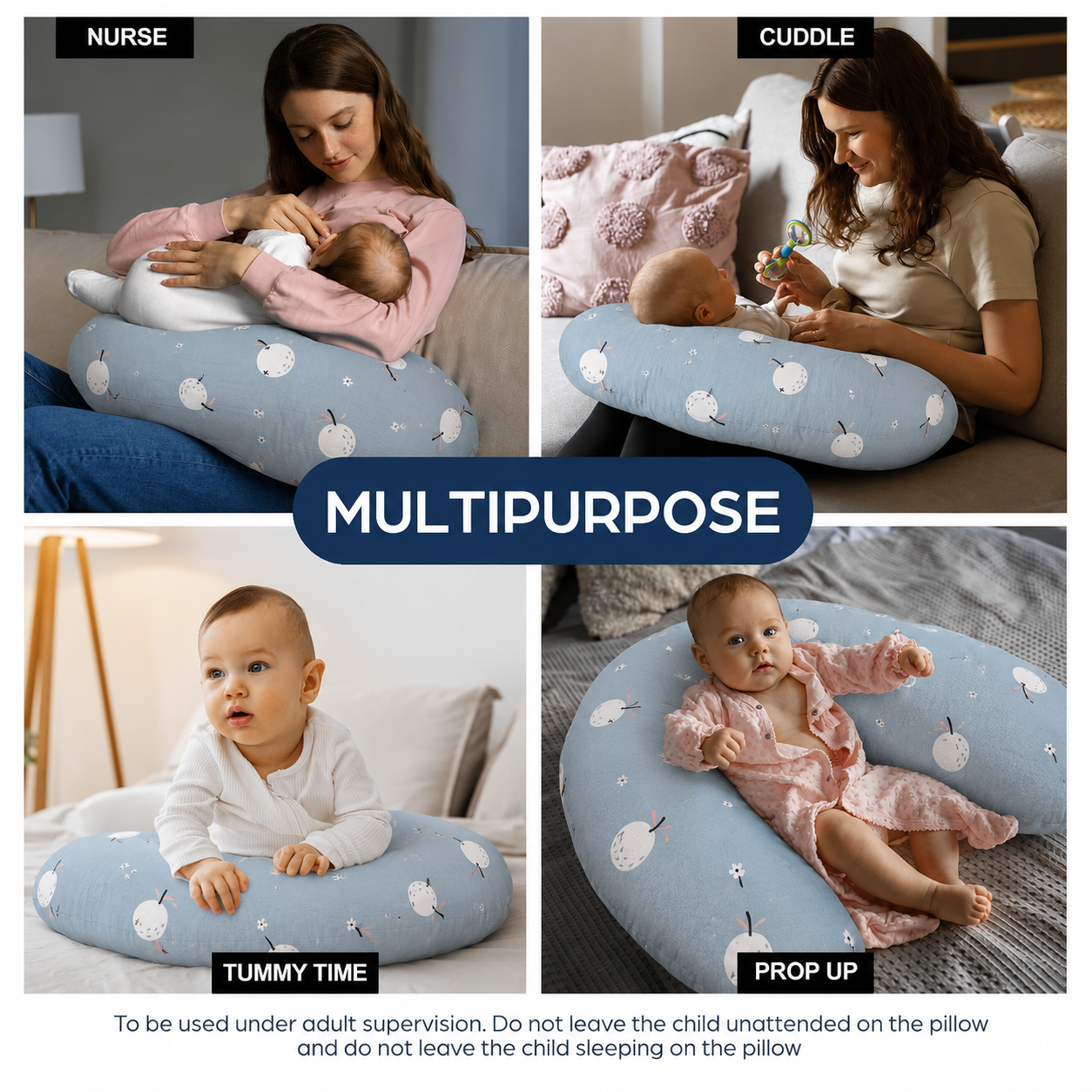 Smile Baby U-Shaped Nursing Pillow with Removable Cotton Cover | Breastfeeding & Baby Support Pillow | Blue Fruit Print