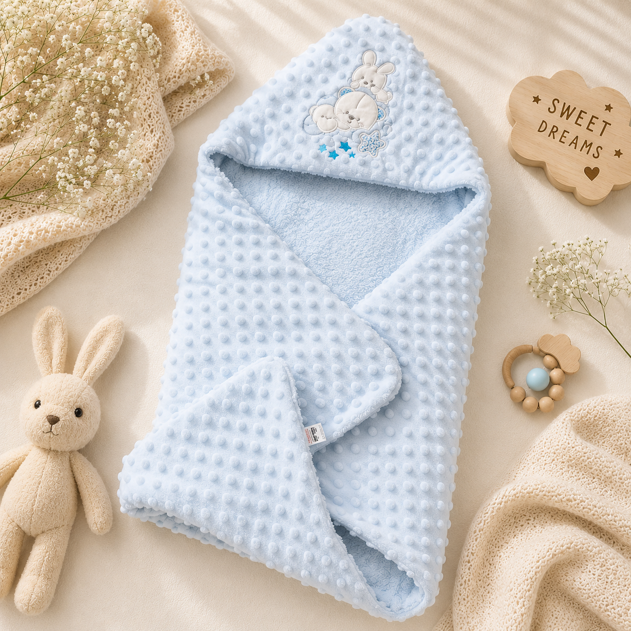 SMILE BABY Premium Hooded Baby Blanket | Soft Minky Dot Baby Swaddle Wrap | Plush Receiving Blanket with Teddy Bear Embroidery | Warm Newborn Blanket for Sleeping, Stroller & Travel | Pink, Blue & Cream