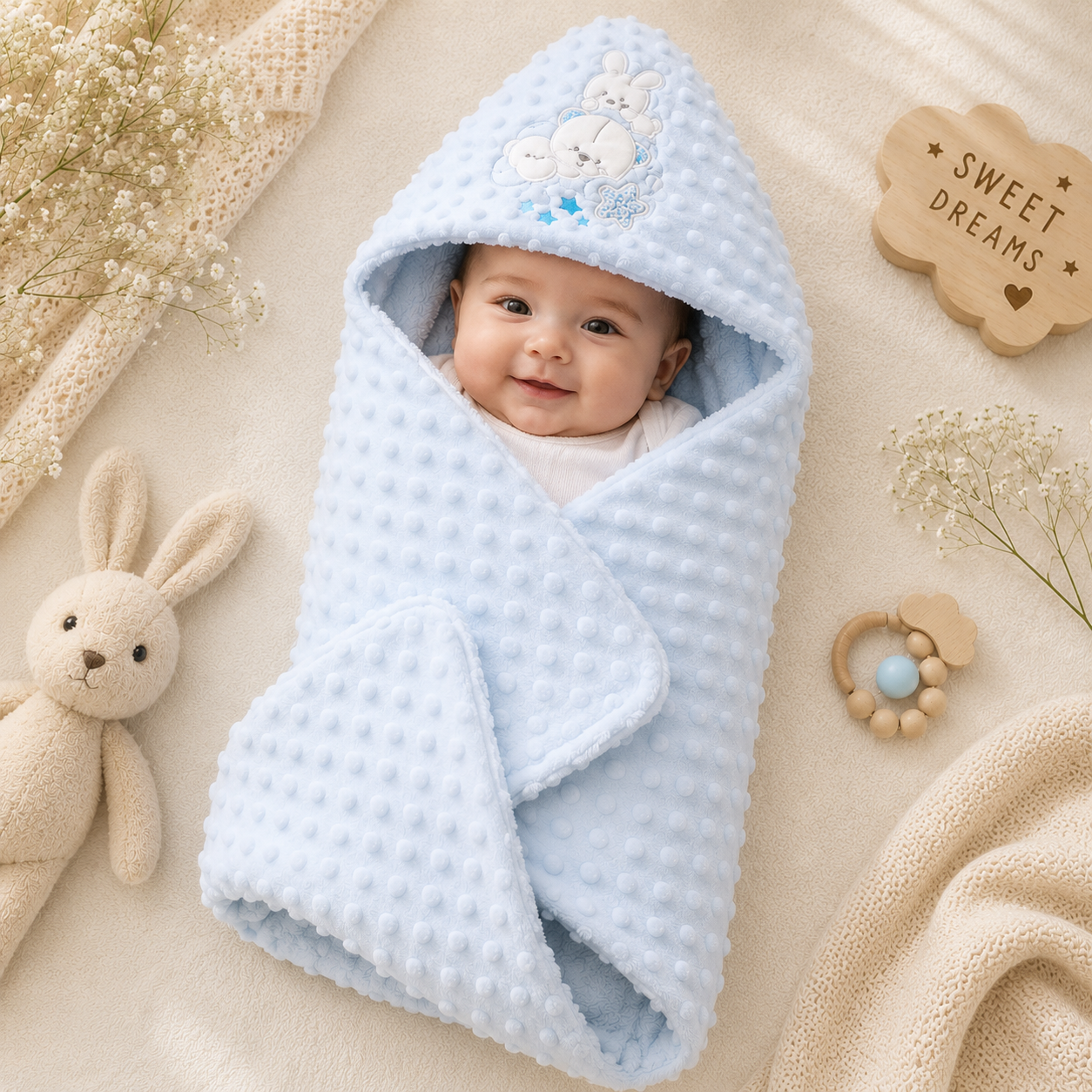 SMILE BABY Premium Hooded Baby Blanket | Soft Minky Dot Baby Swaddle Wrap | Plush Receiving Blanket with Teddy Bear Embroidery | Warm Newborn Blanket for Sleeping, Stroller & Travel | Pink, Blue & Cream