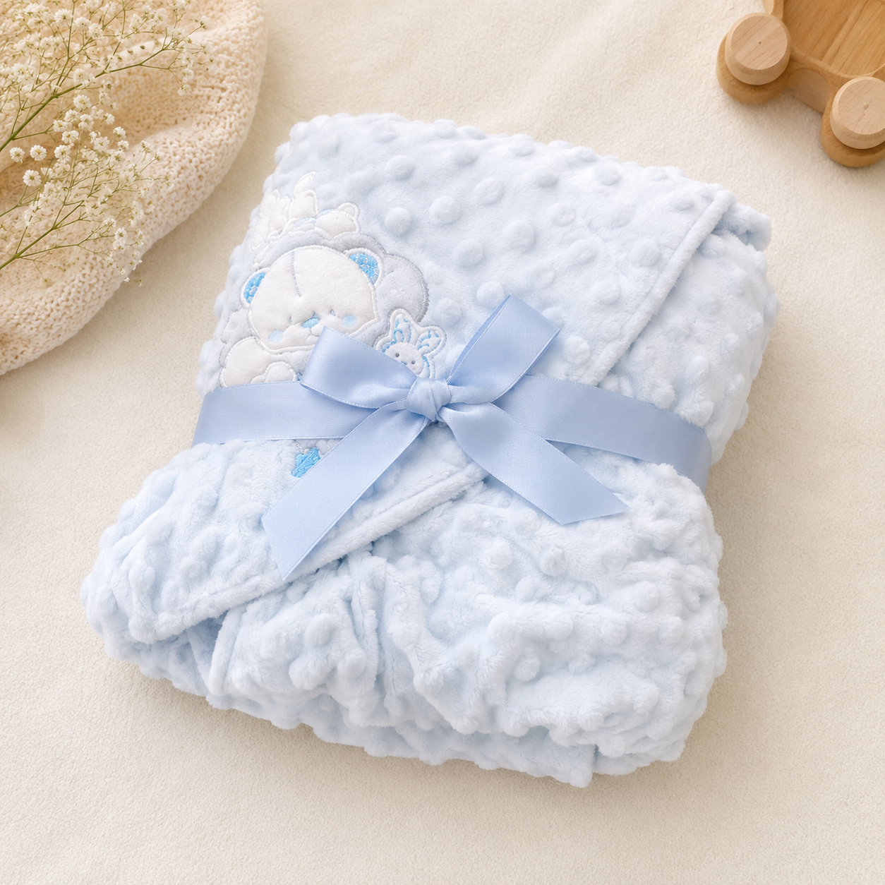 SMILE BABY Premium Hooded Baby Blanket | Soft Minky Dot Baby Swaddle Wrap | Plush Receiving Blanket with Teddy Bear Embroidery | Warm Newborn Blanket for Sleeping, Stroller & Travel | Pink, Blue & Cream
