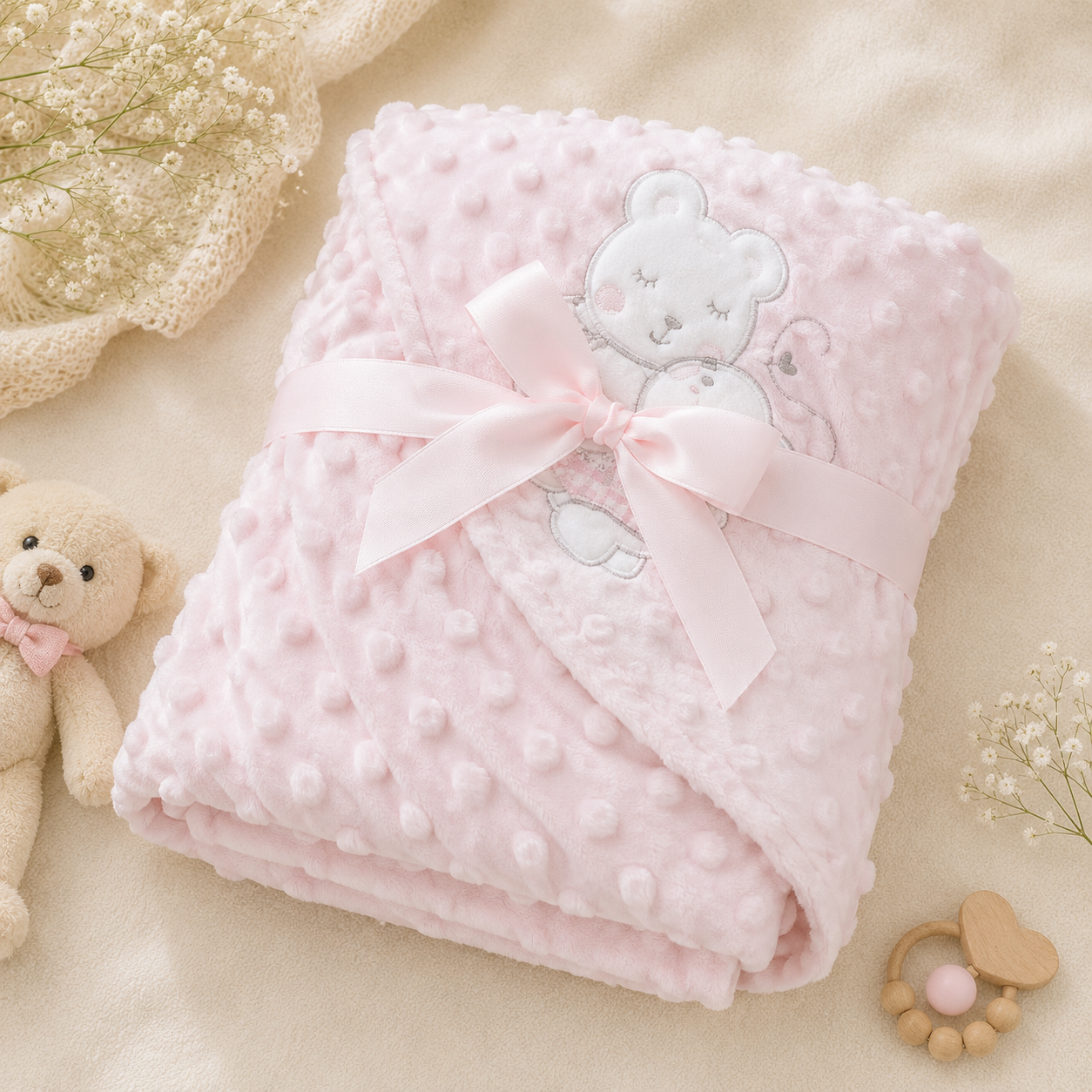 SMILE BABY Premium Hooded Baby Blanket | Soft Minky Dot Baby Swaddle Wrap | Plush Receiving Blanket with Teddy Bear Embroidery | Warm Newborn Blanket for Sleeping, Stroller & Travel | Pink, Blue & Cream