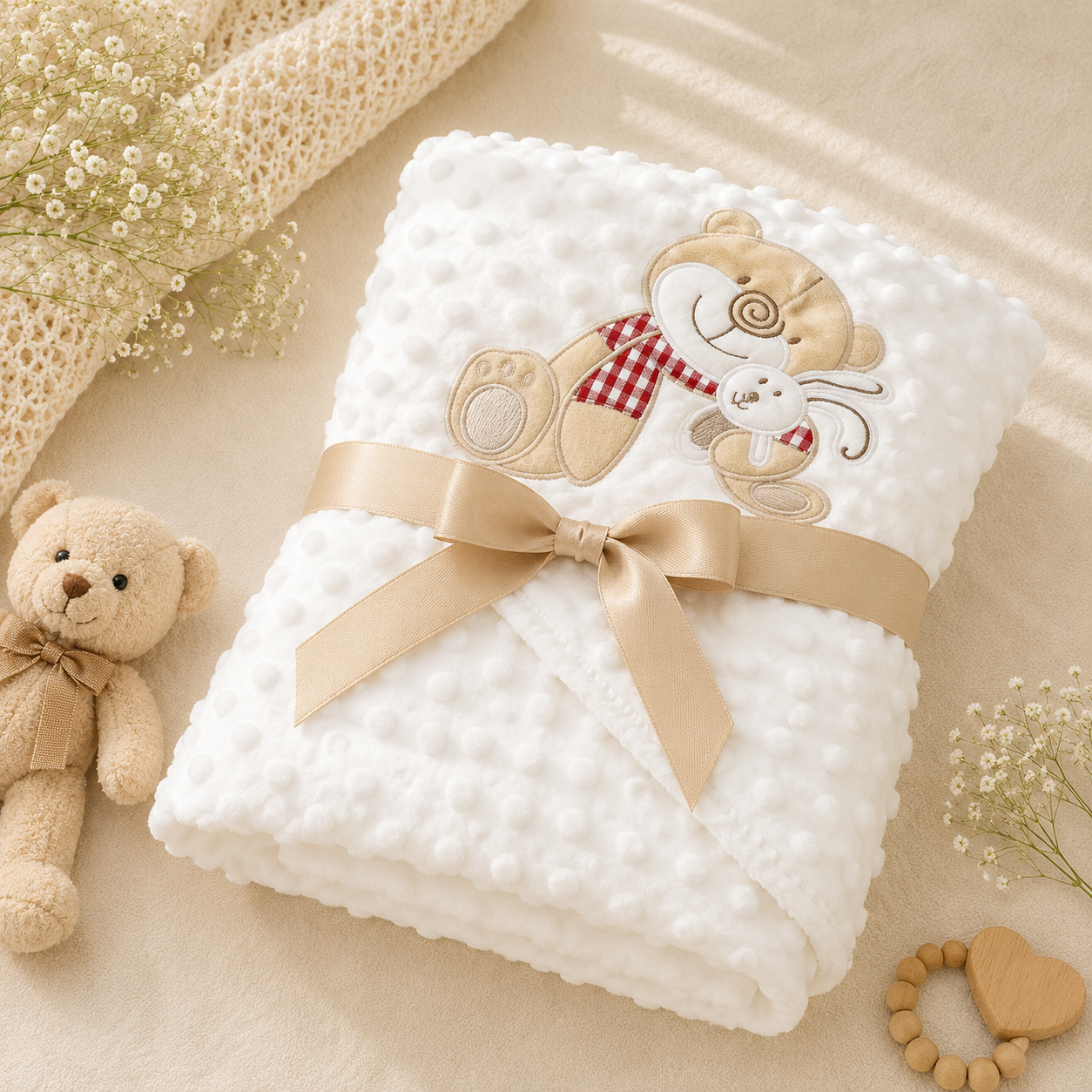 SMILE BABY Premium Hooded Baby Blanket | Soft Minky Dot Baby Swaddle Wrap | Plush Receiving Blanket with Teddy Bear Embroidery | Warm Newborn Blanket for Sleeping, Stroller & Travel | Pink, Blue & Cream