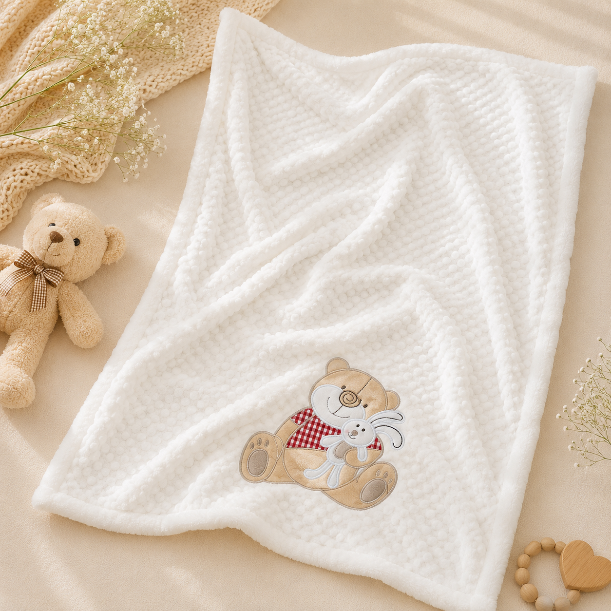 Smile Baby Premium Minky Baby Blanket with Teddy Bear Embroidery | Ultra Soft Double Layer Newborn Baby Blanket | Baby Wrap, Swaddle & Receiving Blanket | Gift for Baby Boys & Girls | Blue, Pink & Cream