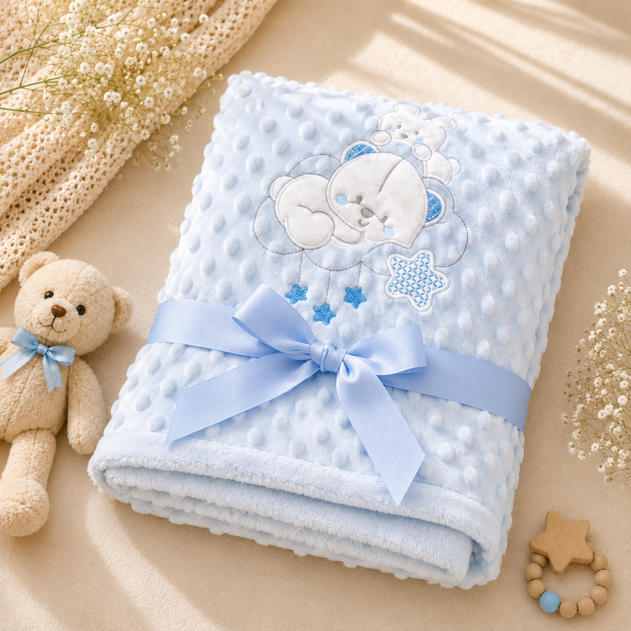 Smile Baby Premium Minky Baby Blanket with Teddy Bear Embroidery | Ultra Soft Double Layer Newborn Baby Blanket | Baby Wrap, Swaddle & Receiving Blanket | Gift for Baby Boys & Girls | Blue, Pink & Cream