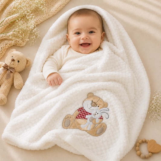 Smile Baby Premium Minky Baby Blanket with Teddy Bear Embroidery | Ultra Soft Double Layer Newborn Baby Blanket | Baby Wrap, Swaddle & Receiving Blanket | Gift for Baby Boys & Girls | Blue, Pink & Cream