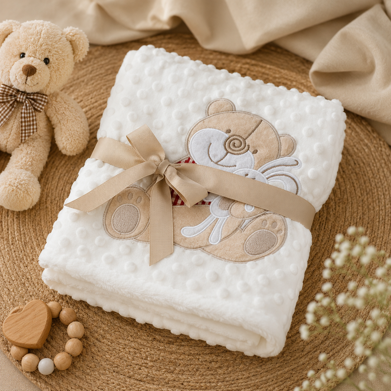 Smile Baby Premium Minky Baby Blanket with Teddy Bear Embroidery | Ultra Soft Double Layer Newborn Baby Blanket | Baby Wrap, Swaddle & Receiving Blanket | Gift for Baby Boys & Girls | Blue, Pink & Cream