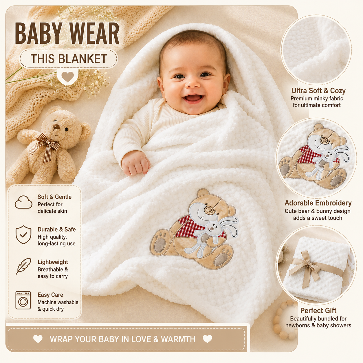 Smile Baby Premium Minky Baby Blanket with Teddy Bear Embroidery | Ultra Soft Double Layer Newborn Baby Blanket | Baby Wrap, Swaddle & Receiving Blanket | Gift for Baby Boys & Girls | Blue, Pink & Cream