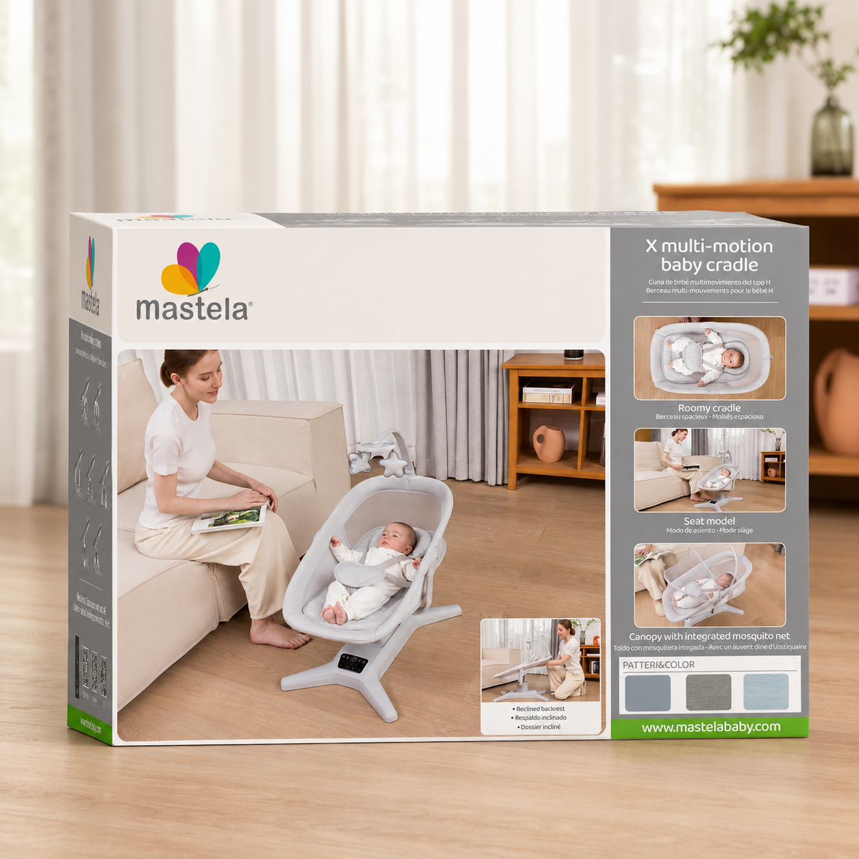 Mastela X Multi-Motion Electric Baby Cradle with Remote Control, App Control, USB Powered, 5 Swing Modes, Music, Mosquito Net & Toy Bar | Newborn Baby Rocker & Bassinet | Light Grey