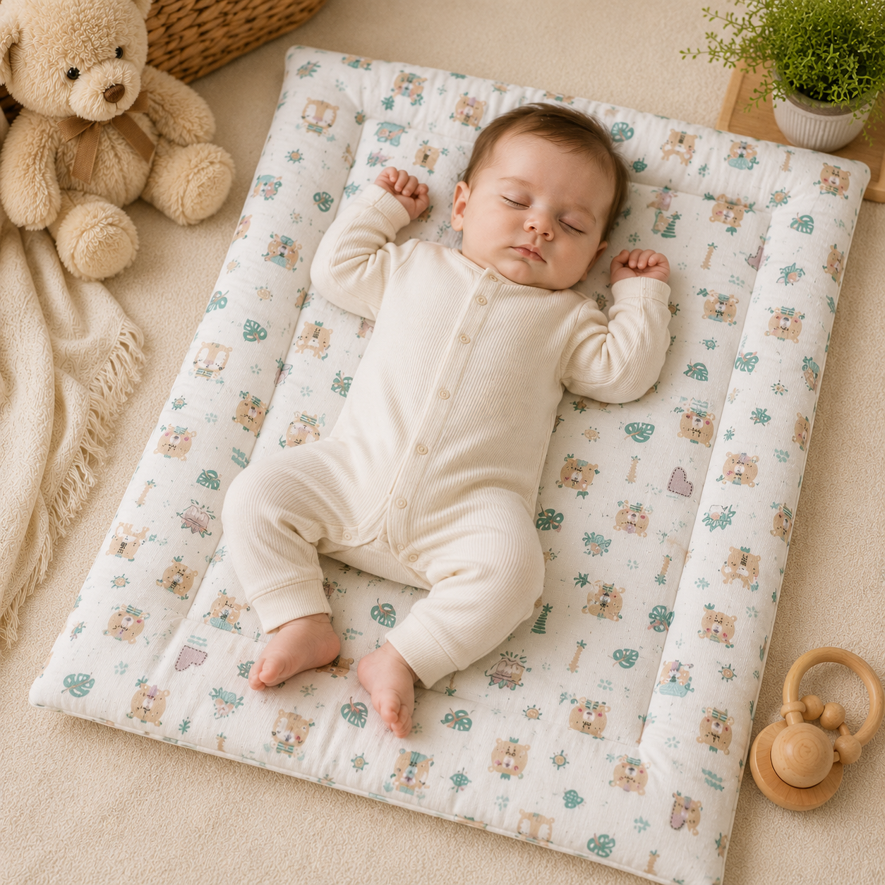 Smile Baby Muslin Baby Mat Pack of 3 | Ultra Soft & Breathable Cotton Muslin Sleeping Mat for Newborn Babies | Lightweight, Foldable, Reusable Play Mat | Multi-Purpose Baby Bedding Mat | Animal Print