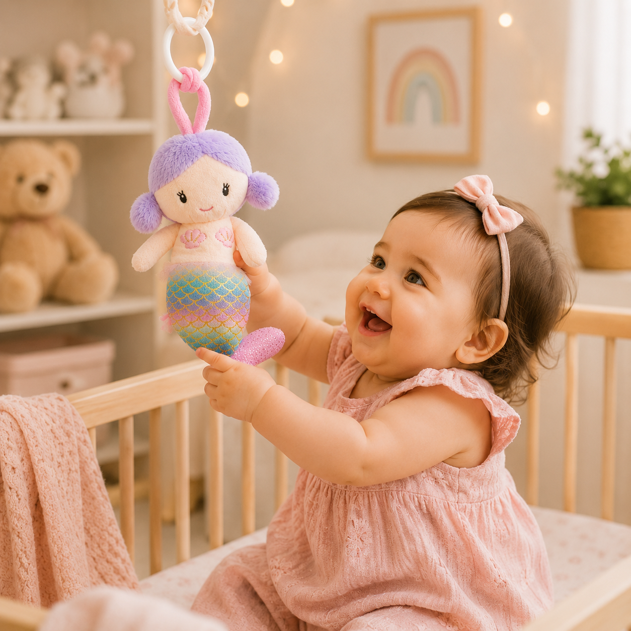 SMILE BABY Mermaid Hanging Plush Toy with Teether Ring – Soft Baby Activity Toy for Crib, Stroller, Car Seat & Pram | Newborn Sensory Toy | 0+ Months