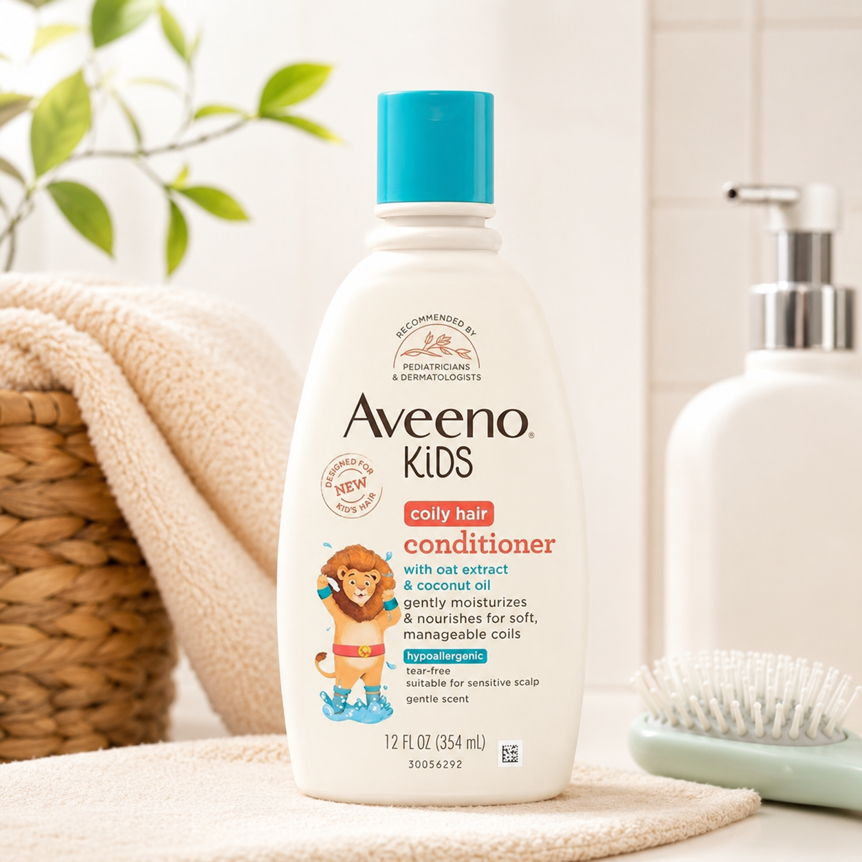 Aveeno Kids Coily Hair Conditioner with Oat Extract & Coconut Oil | Moisturizes & Nourishes Curly & Coily Hair | Tear-Free, Hypoallergenic | Suitable for Sensitive Scalp | 354ml