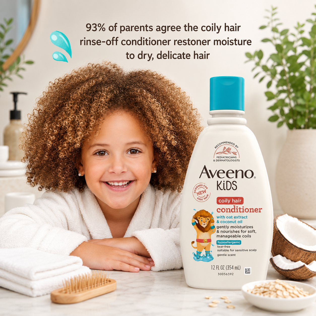 Aveeno Kids Coily Hair Conditioner with Oat Extract & Coconut Oil | Moisturizes & Nourishes Curly & Coily Hair | Tear-Free, Hypoallergenic | Suitable for Sensitive Scalp | 354ml
