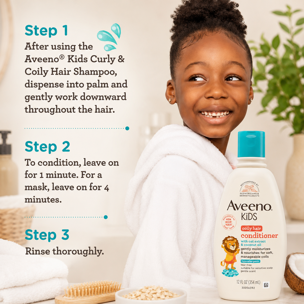 Aveeno Kids Coily Hair Conditioner with Oat Extract & Coconut Oil | Moisturizes & Nourishes Curly & Coily Hair | Tear-Free, Hypoallergenic | Suitable for Sensitive Scalp | 354ml