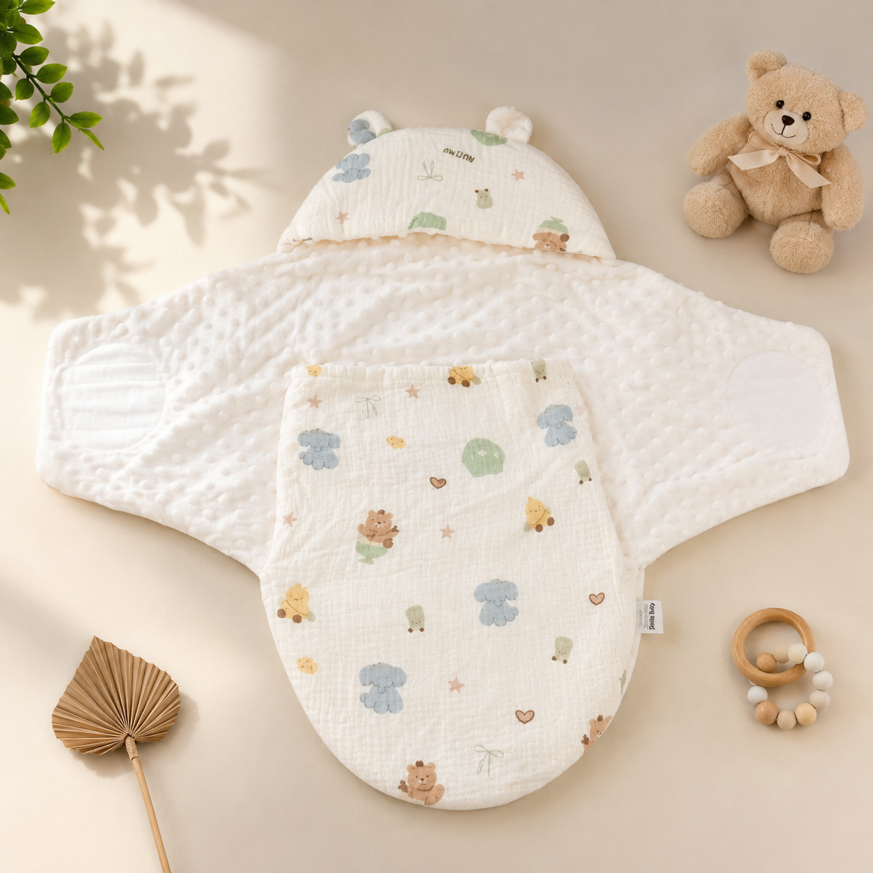 SMILE BABY Muslin Elephant Teddy Baby Swaddle Wrapper | Premium Muslin Cotton & Ultra Soft Minky Dot Fabric | Adjustable Velcro Newborn Receiving Blanket with Bear Ear Hood | 0–6 Months