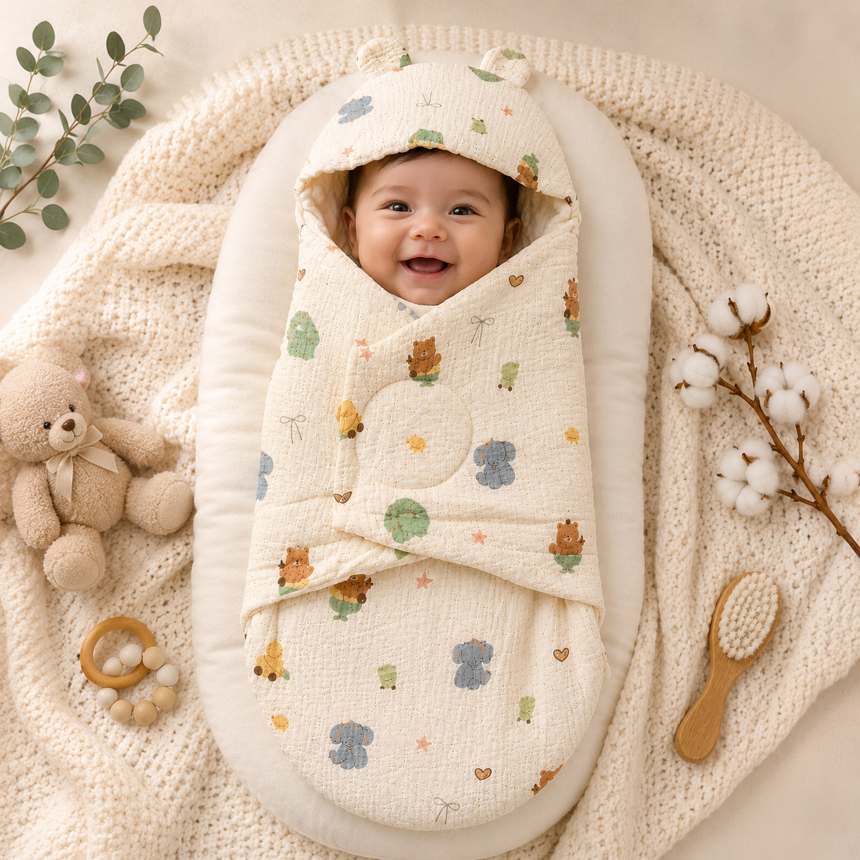 SMILE BABY Muslin Elephant Teddy Baby Swaddle Wrapper | Premium Muslin Cotton & Ultra Soft Minky Dot Fabric | Adjustable Velcro Newborn Receiving Blanket with Bear Ear Hood | 0–6 Months