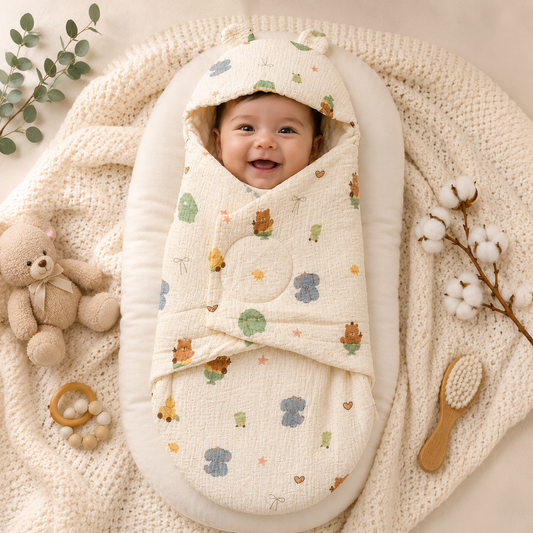 SMILE BABY Muslin Elephant Teddy Baby Swaddle Wrapper | Premium Muslin Cotton & Ultra Soft Minky Dot Fabric | Adjustable Velcro Newborn Receiving Blanket with Bear Ear Hood | 0–6 Months