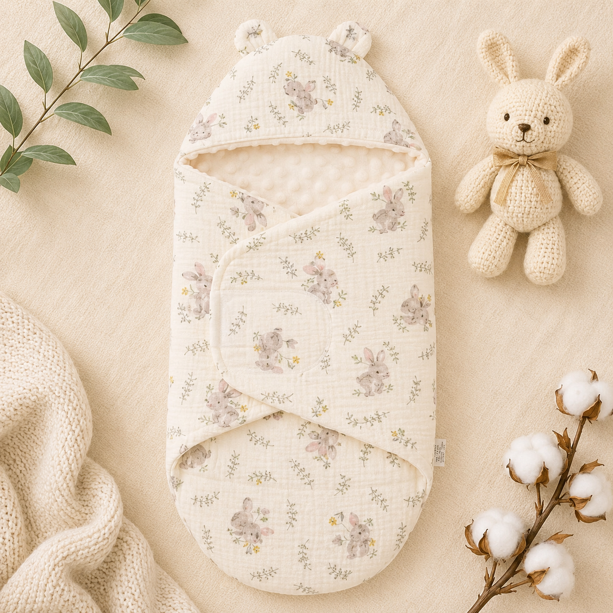 SMILE BABY Muslin Rabbit Baby Swaddle Wrapper | Premium Muslin Cotton & Ultra Soft Minky Dot Fabric | Adjustable Velcro Newborn Receiving Blanket with Bunny Hood | 0–6 Months