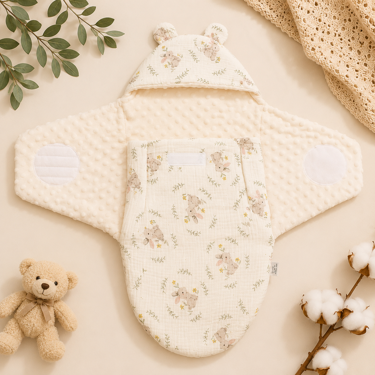 SMILE BABY Muslin Rabbit Baby Swaddle Wrapper | Premium Muslin Cotton & Ultra Soft Minky Dot Fabric | Adjustable Velcro Newborn Receiving Blanket with Bunny Hood | 0–6 Months