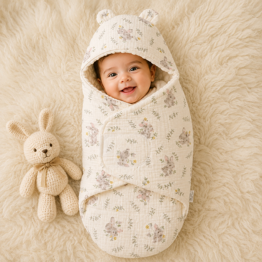 SMILE BABY Muslin Rabbit Baby Swaddle Wrapper | Premium Muslin Cotton & Ultra Soft Minky Dot Fabric | Adjustable Velcro Newborn Receiving Blanket with Bunny Hood | 0–6 Months