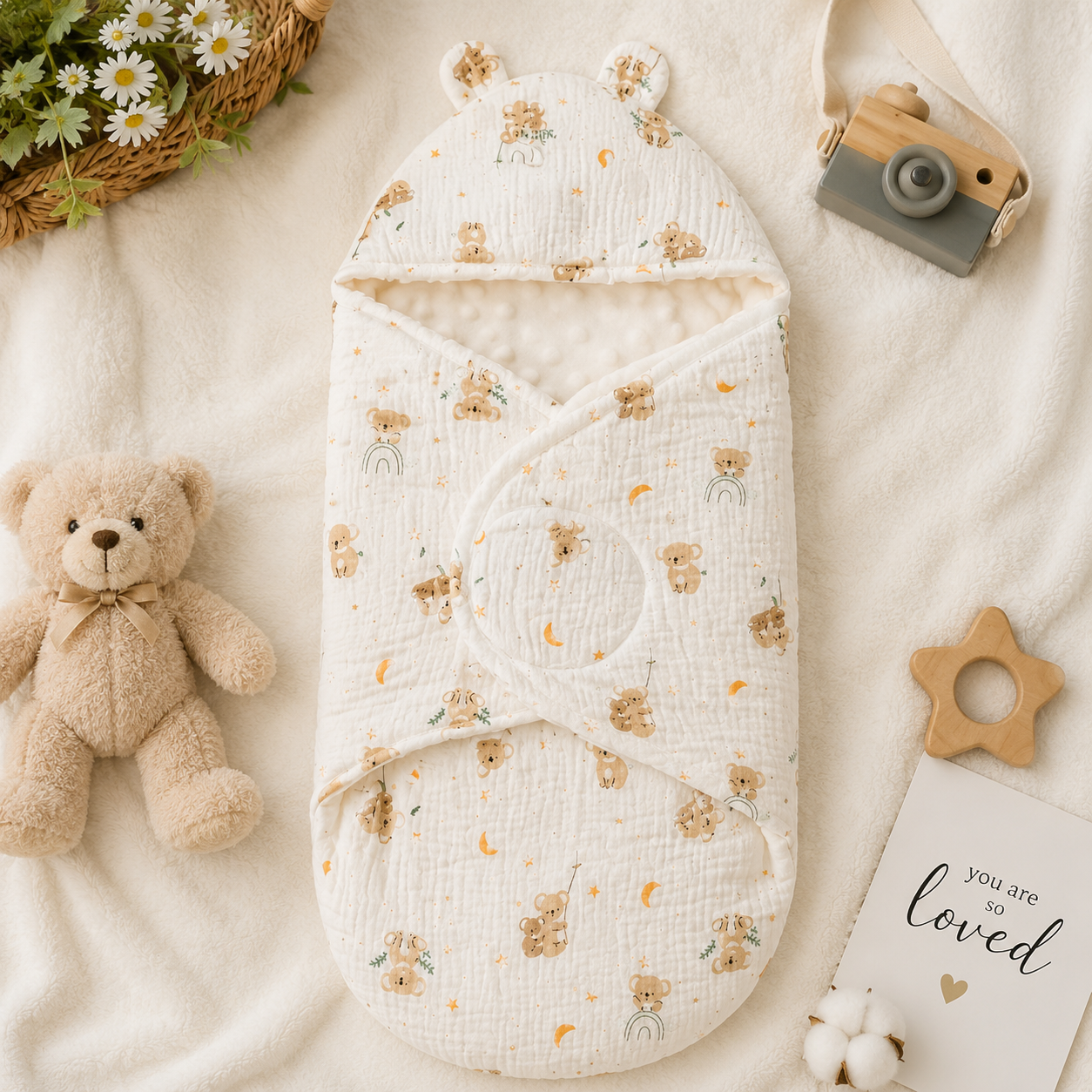 SMILE BABY Muslin Kokla Baby Swaddle Wrapper | Premium Muslin Cotton & Ultra Soft Minky Dot Fabric | Adjustable Velcro Newborn Receiving Blanket with Bear Ear Hood | 0–6 Months