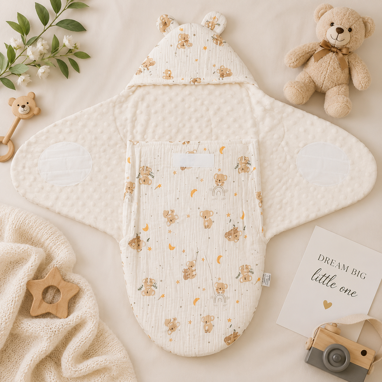 SMILE BABY Muslin Kokla Baby Swaddle Wrapper | Premium Muslin Cotton & Ultra Soft Minky Dot Fabric | Adjustable Velcro Newborn Receiving Blanket with Bear Ear Hood | 0–6 Months