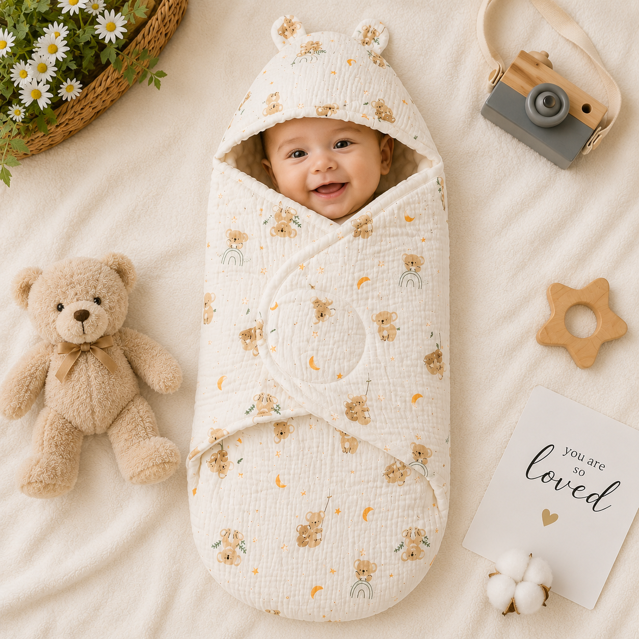 SMILE BABY Muslin Kokla Baby Swaddle Wrapper | Premium Muslin Cotton & Ultra Soft Minky Dot Fabric | Adjustable Velcro Newborn Receiving Blanket with Bear Ear Hood | 0–6 Months