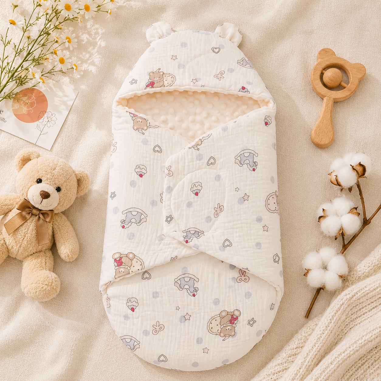SMILE BABY Muslin Horse Teddy Baby Swaddle Wrapper | Premium Muslin Cotton with Ultra Soft Minky Dot Inner | Adjustable Velcro Closure | Hooded Newborn Receiving Blanket | 0–6 Months