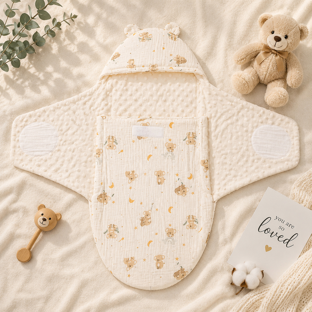 SMILE BABY Muslin Horse Teddy Baby Swaddle Wrapper | Premium Muslin Cotton with Ultra Soft Minky Dot Inner | Adjustable Velcro Closure | Hooded Newborn Receiving Blanket | 0–6 Months
