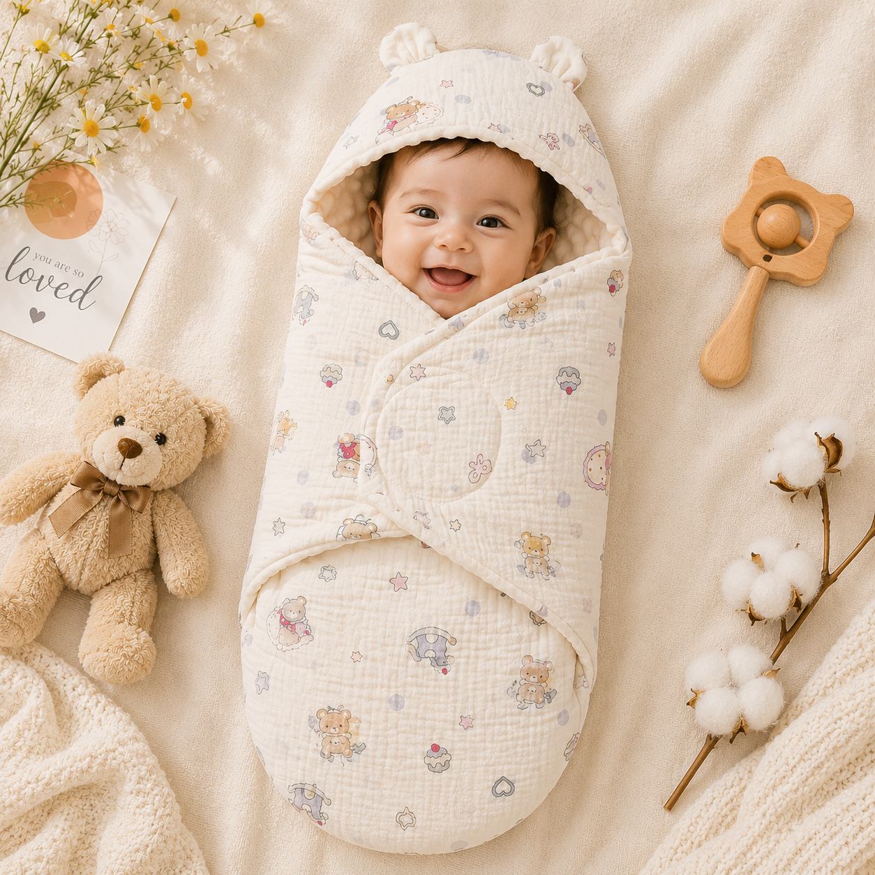 SMILE BABY Muslin Horse Teddy Baby Swaddle Wrapper | Premium Muslin Cotton with Ultra Soft Minky Dot Inner | Adjustable Velcro Closure | Hooded Newborn Receiving Blanket | 0–6 Months