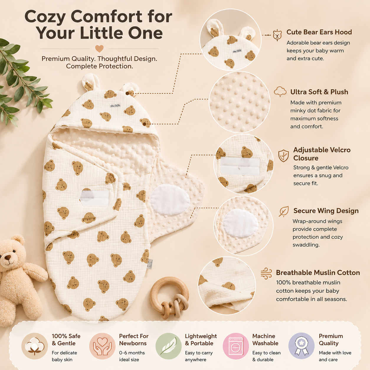 SMILE BABY Muslin Teddy Bear Baby Swaddle Wrapper | Ultra Soft Muslin Cotton & Minky Dot Fabric | Adjustable Velcro Baby Receiving Blanket with Bear Hood | Newborn Swaddle Wrap (0-6 Months)