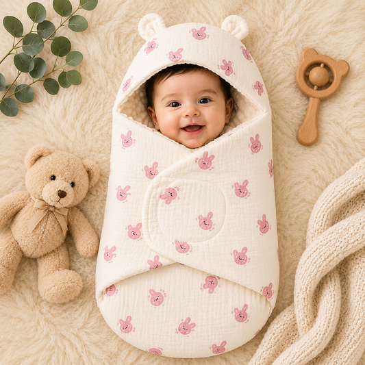SMILE BABY Muslin Bunny Baby Swaddle Wrapper | Premium Muslin Cotton & Ultra Soft Minky Dot Fabric | Adjustable Velcro Newborn Receiving Blanket with Bunny Ear Hood | 0–6 Months