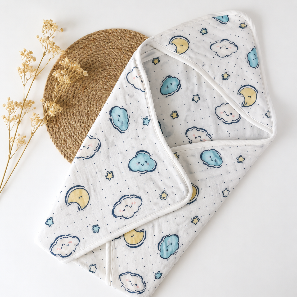 Smile Baby 7-Piece Newborn Gift Set | Muslin Hooded Wrapper Cum Towel, Swaddle, Vest, Nappy, Napkin, Burp Cloth & Bib | Soft Cotton | Star & Moon Print