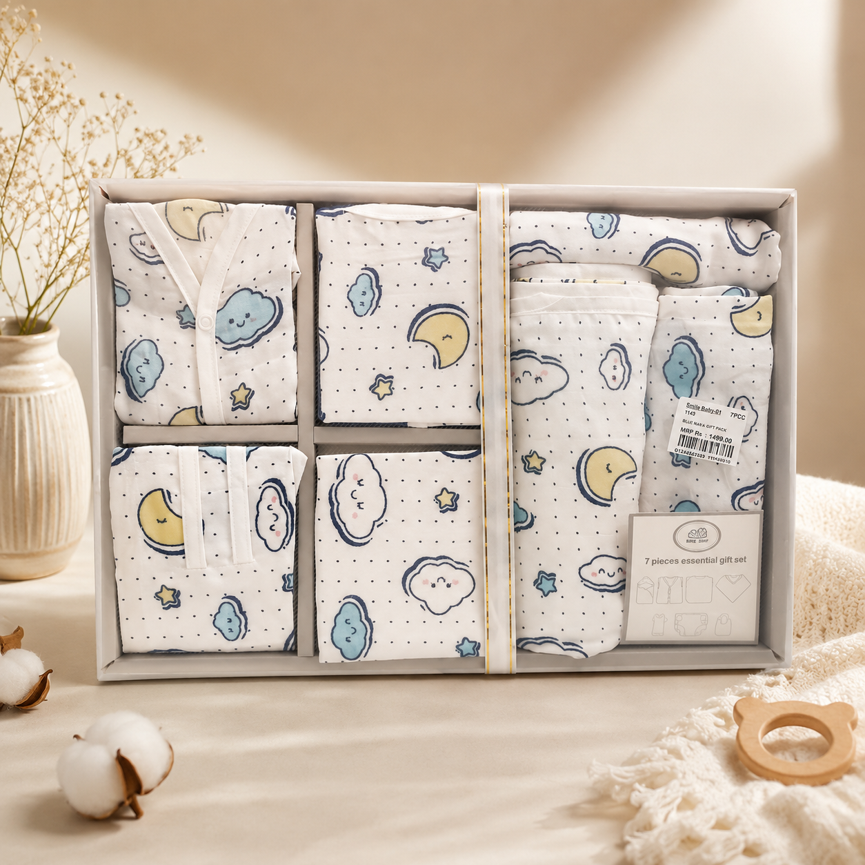 Smile Baby 7-Piece Newborn Gift Set | Muslin Hooded Wrapper Cum Towel, Swaddle, Vest, Nappy, Napkin, Burp Cloth & Bib | Soft Cotton | Star & Moon Print