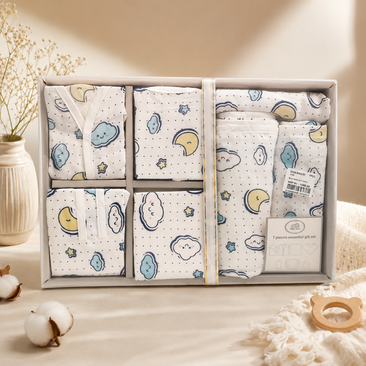 Smile Baby 7-Piece Newborn Gift Set | Muslin Hooded Wrapper Cum Towel, Swaddle, Vest, Nappy, Napkin, Burp Cloth & Bib | Soft Cotton | Star & Moon Print