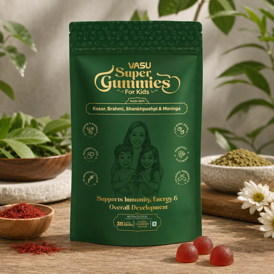 Vasu Super Gummies for Kids | Immunity, Brain Development & Growth Support | With Kesar, Brahmi, Shankhpushpi & Moringa | DHA, Prebiotics & Probiotics | No Added Sugar | 30 Gummies / 60 Gummies