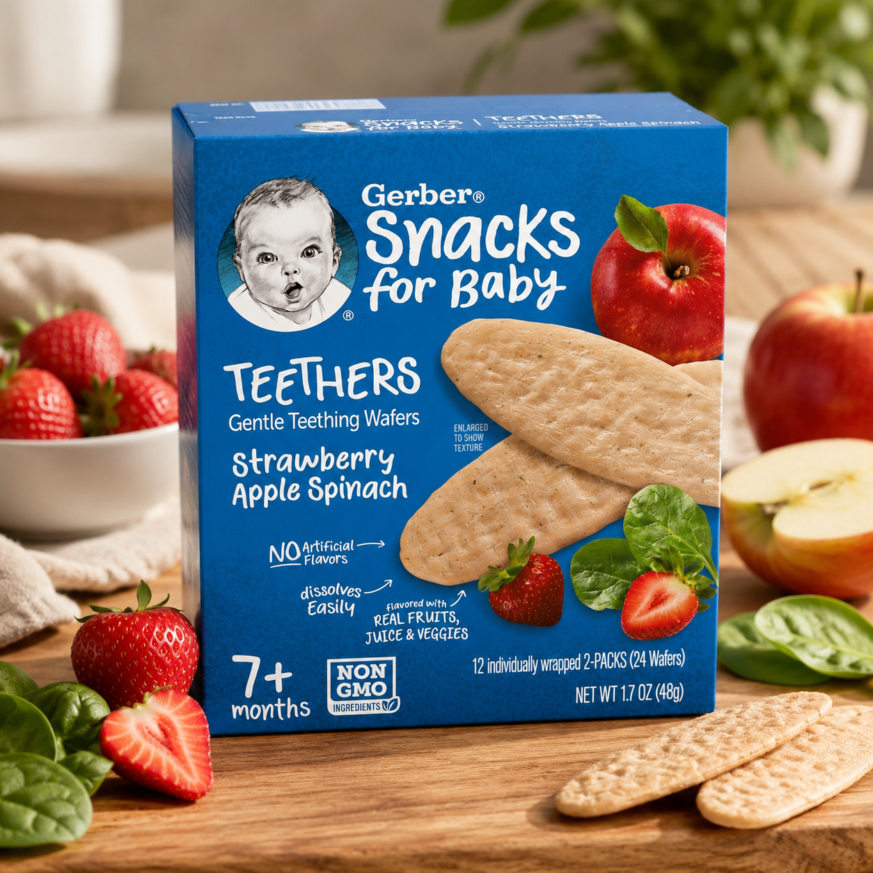 Gerber Teethers Gentle Teething Wafers for Babies 7+ Months | Mango Raspberry, Banana Peach & Strawberry Apple Spinach | Dissolves Easily | No Artificial Flavors | 48g