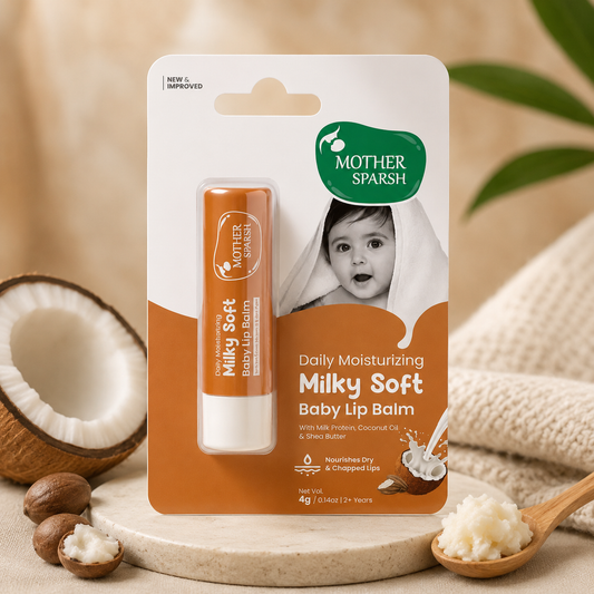 Mother Sparsh Milky Soft Baby Lip Balm 4g | Daily Moisturizing Lip Care for Babies & Kids | With Milk Protein, Coconut Oil & Shea Butter | Nourishes Dry & Chapped Lips