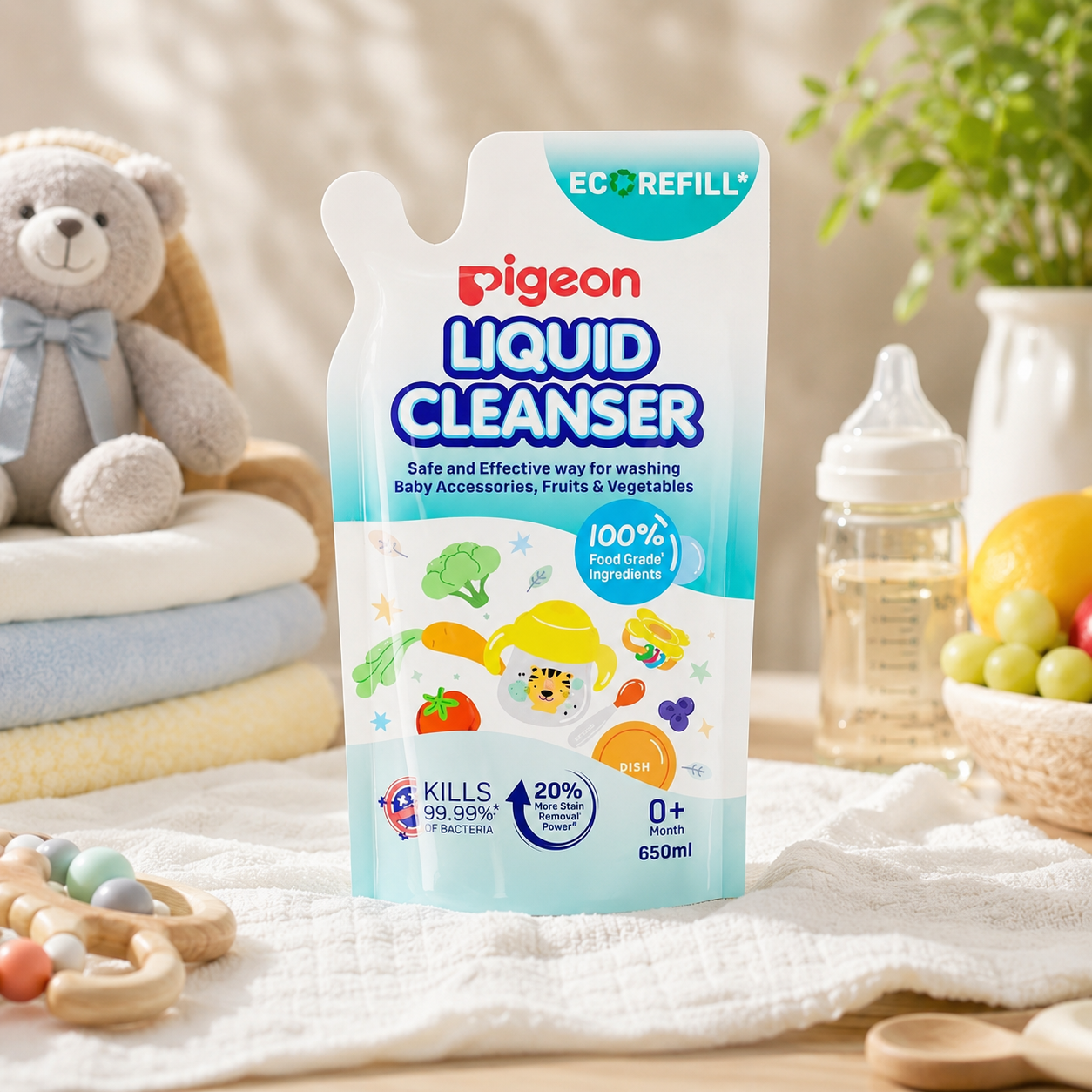 Pigeon Liquid Cleanser Eco Refill Pack | Baby Bottle, Accessories, Fruits & Vegetable Wash | Food Grade Ingredients | Dermatologically Tested | Skin pH Friendly | 650ml