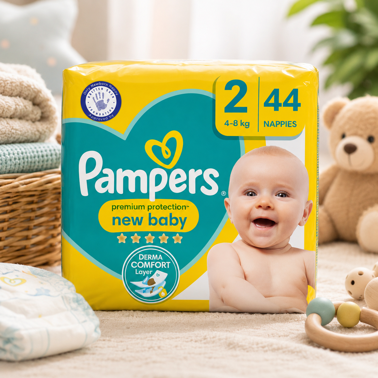 Pampers Premium Protection New Baby Diapers Size 2 (4-8kg) – 44 Nappies, Derma Comfort Layer, Soft & Gentle Skin Protection