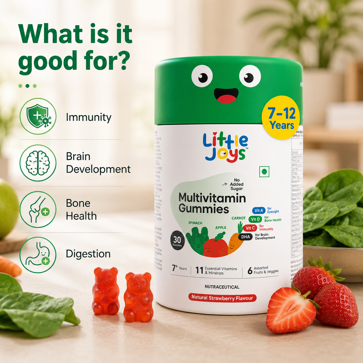 Little Joys Multivitamin Gummies for Kids | 11 Essential Vitamins & Minerals | No Added Sugar | Natural Strawberry Flavour | 102g | Available for 2+ Years & 7+ Years