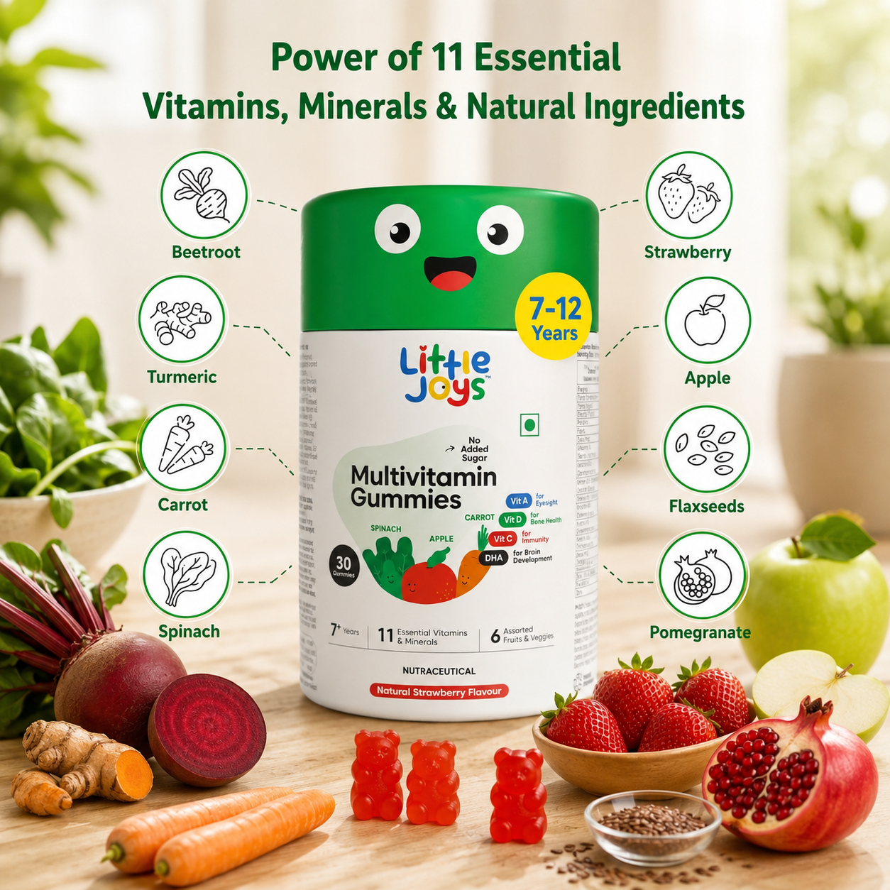 Little Joys Multivitamin Gummies for Kids | 11 Essential Vitamins & Minerals | No Added Sugar | Natural Strawberry Flavour | 102g | Available for 2+ Years & 7+ Years