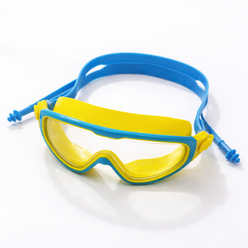 Smile Baby Kids Swimming Goggles with Anti-Fog Wide Angle Lens & Adjustable Strap | Soft Silicone Leak-Proof Seal | Includes Ear Plugs | Colors: Black, Blue, Purple & Yellow