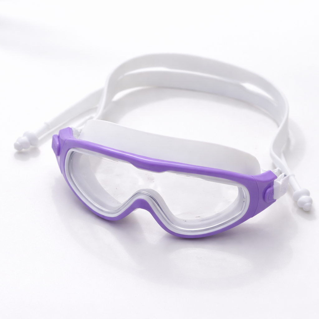 Smile Baby Kids Swimming Goggles with Anti-Fog Wide Angle Lens & Adjustable Strap | Soft Silicone Leak-Proof Seal | Includes Ear Plugs | Colors: Black, Blue, Purple & Yellow