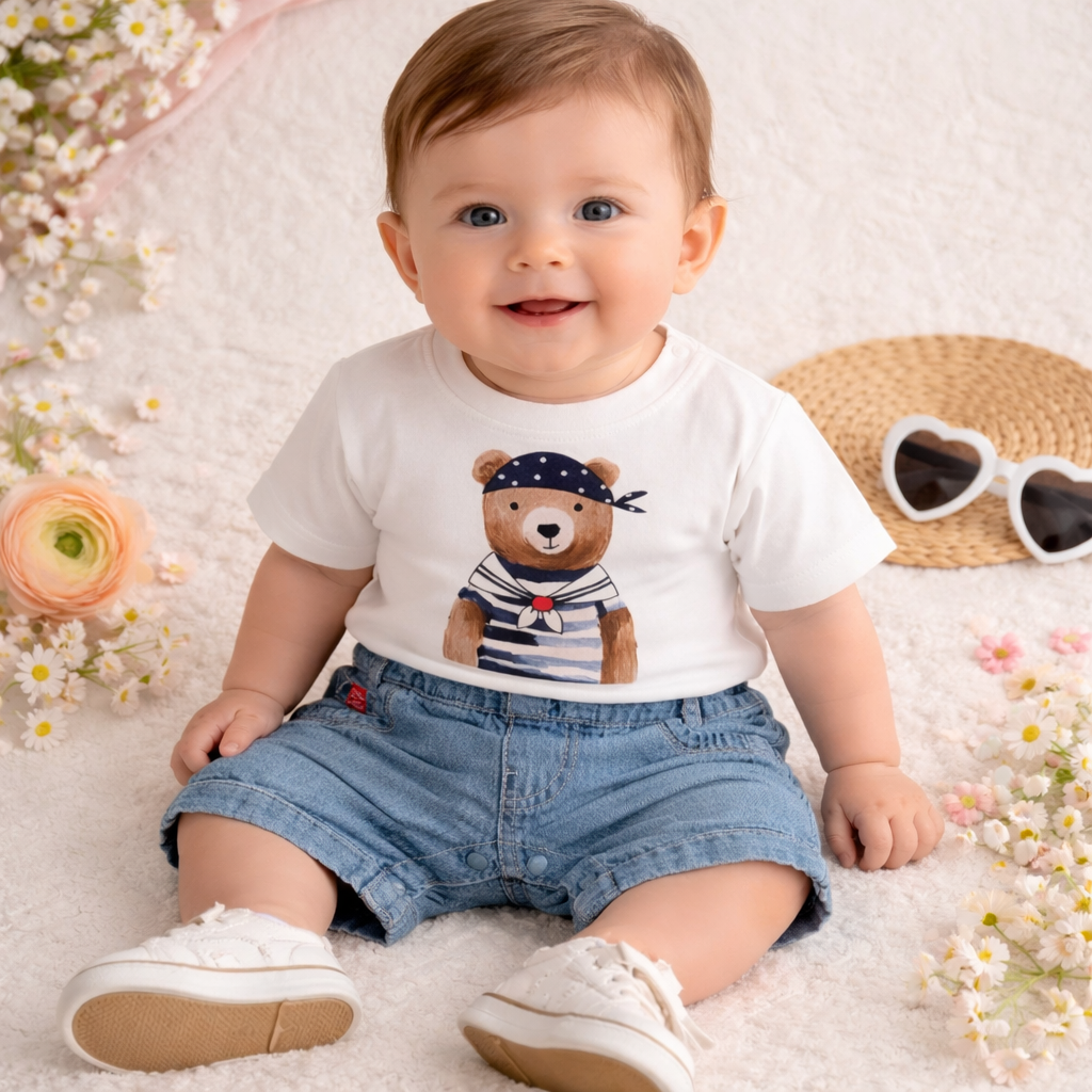Little Kangaroo Baby Bear Print T-Shirt & Denim Shorts Set – Cute Summer Outfit for Babies (6–24 Months)
