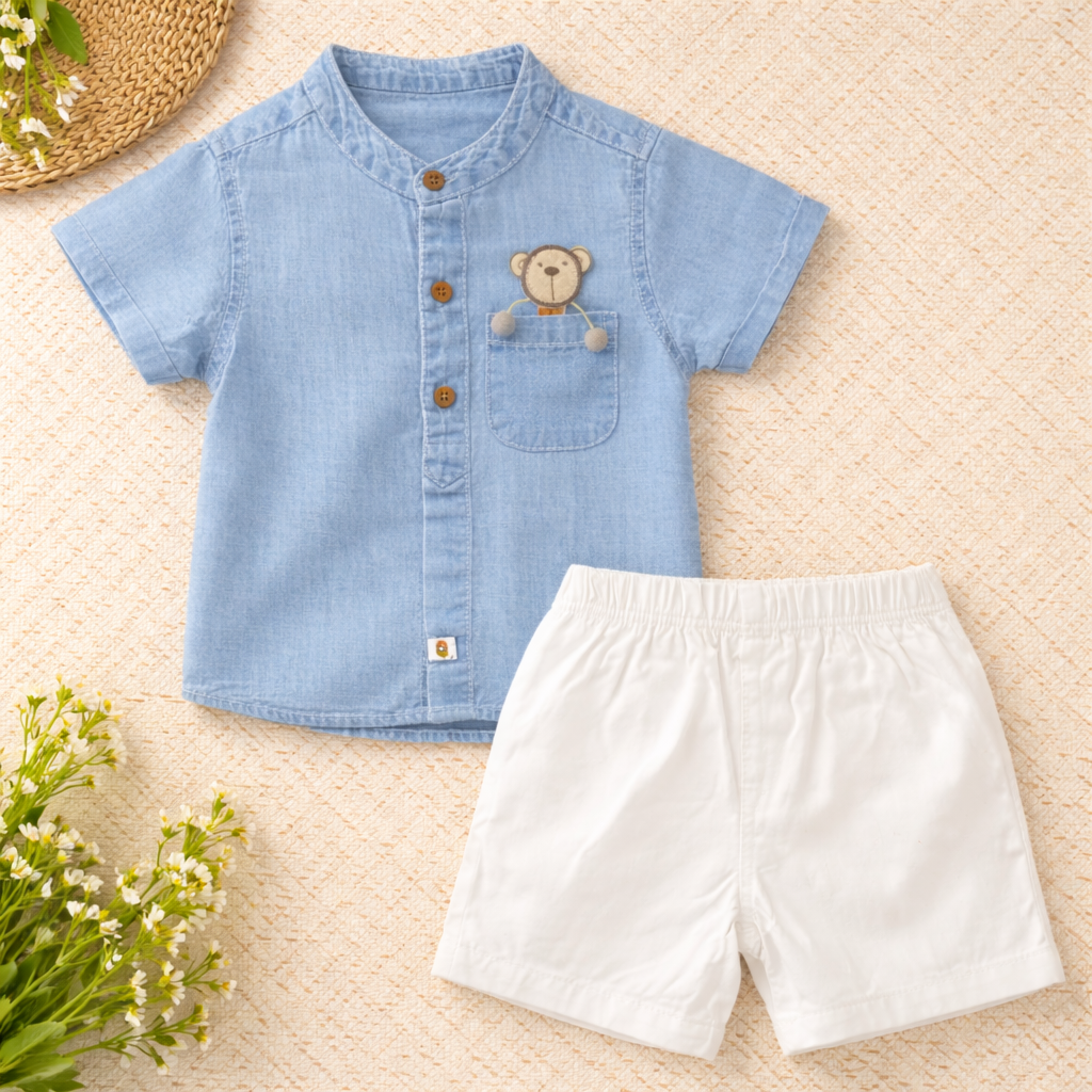 LITTLE KANGAROO Baby Boys Light Blue Denim Shirt & White Shorts Clothing Set (3–24 Months)