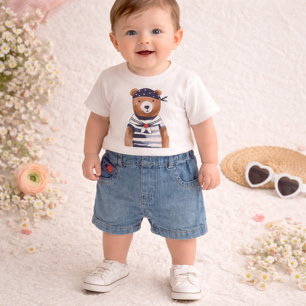 Little Kangaroo Baby Bear Print T-Shirt & Denim Shorts Set – Cute Summer Outfit for Babies (6–24 Months)