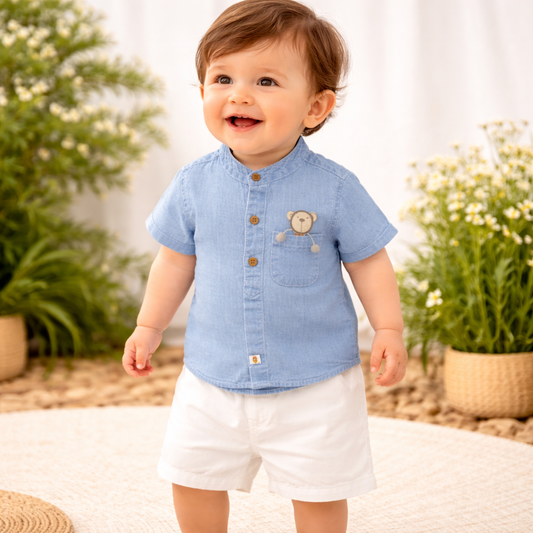 LITTLE KANGAROO Baby Boys Light Blue Denim Shirt & White Shorts Clothing Set (3–24 Months)